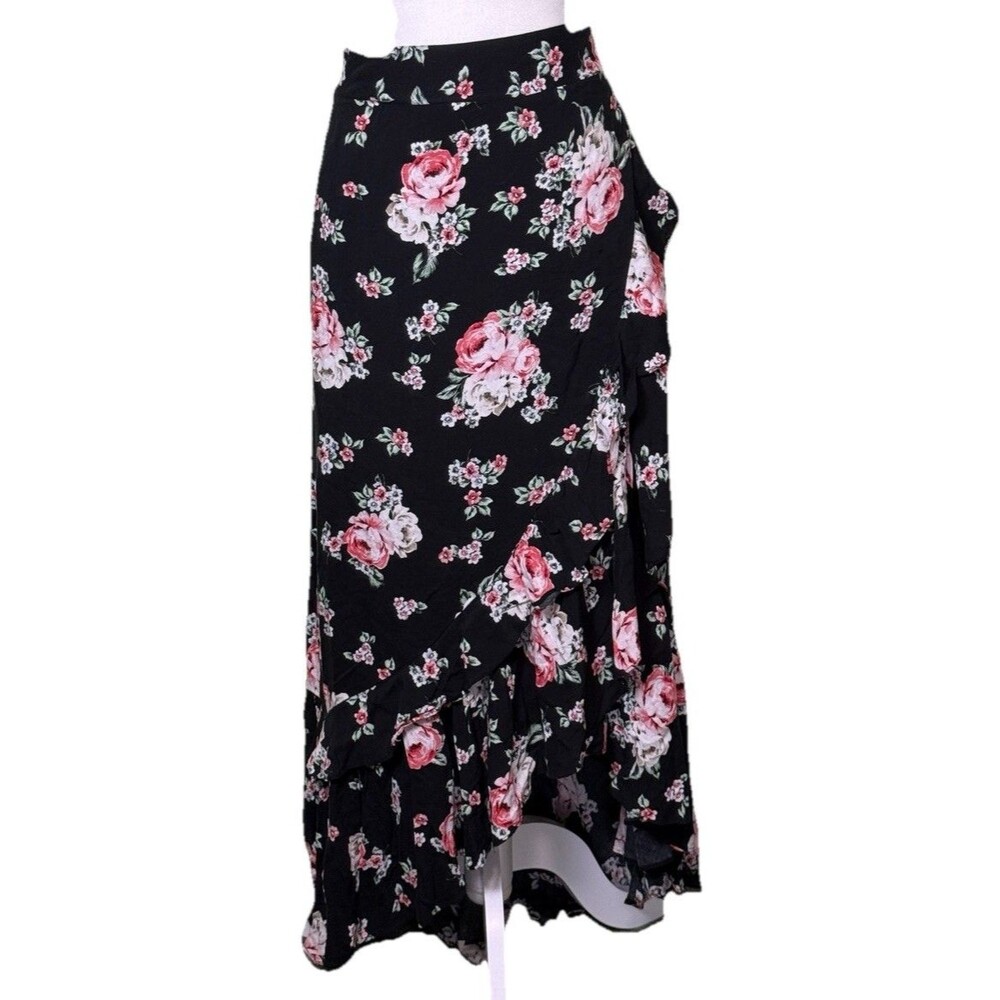 Women’s Black Floral Midi Skirt Asymmetrical Ruffle Hem Cottagecore Size 2XL‎